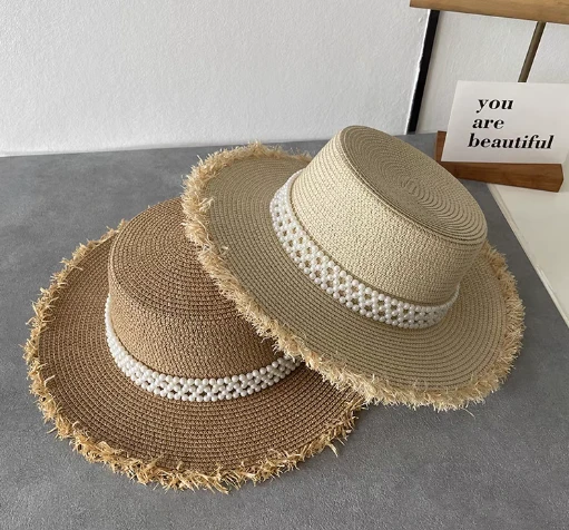 Sombrero para el sol tejido a mano con perlas para mujer