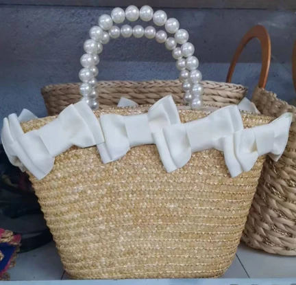 Maneja peral Bolsa de paja para mujeres de trigo natural