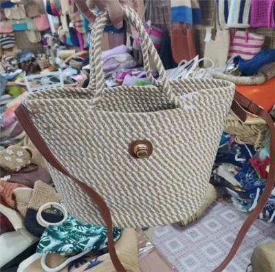 Bolso de mujer de cuerda de algodón tejido a mano con mango largo de PU