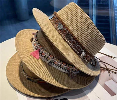 Sombrero de playa de paja estilo boho marrón para mujer