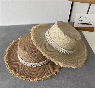 Sombrero para el sol tejido a mano con perlas para mujer